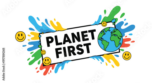 Environmental icon with planet and smiley faces, planet first concept, eco-friendly symbol.