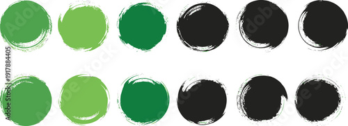 Paint brush circle textures collection, green and black grunge round shapes, abstract watercolor style vector illustration isolated on white background