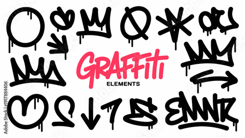 Set of black ink grunge brush strokes, arrows, brush drawn doodle shapes. Hand drawn bold brush star, arrow, skull and crown. Graffiti bold brush drawn figures for collages, grunge street art design