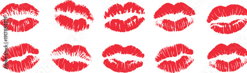 Red lipstick kiss prints collection, romantic lips marks symbols, love beauty glamour concept, bold vector illustration isolated on white background