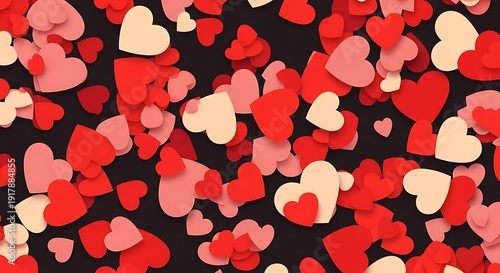 Red pink and cream hearts scattered on a black background creating a romantic and festive atmosphere perfect for valentine's day or anniversary celebrations