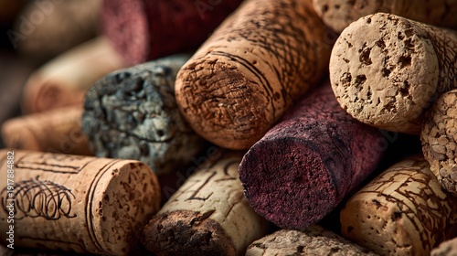 Close-up texture shot displays many wine corks with natural brown tones and detailed cork patterns representing a vintage wine concept.