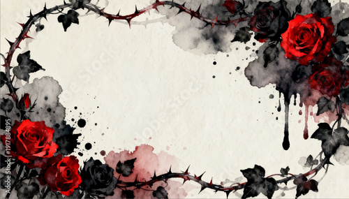 Vector illustration of white textured paper with a frame of roses and ivy in a Gothic watercolor style.