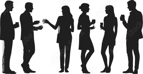 People silhouettes talking and socializing, business networking conversation, men women holding drinks, communication concept vector isolated on white