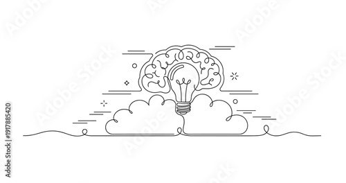 Creative idea generation: brain and lightbulb line art conceptualizing innovation. None editable stroke