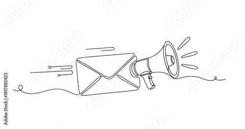 Continuous line drawing of megaphone with envelope illustrating communication concept. None editable stroke