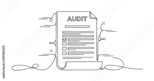 Line art document outline with audit checklist and decorative elements. None editable stroke