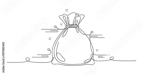 Continuous line drawing of a money bag with subtle decorative elements. None editable stroke