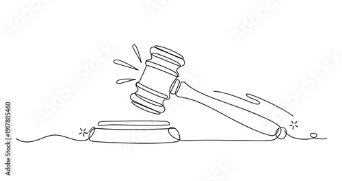 Continuous line drawing of gavel and sound block for legal concept. None editable stroke