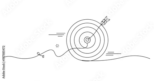 Minimalist line art of archery target with arrow in bullseye. None editable stroke