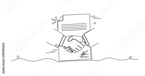 Line art of handshake over signed document symbolizing agreement success. None editable stroke