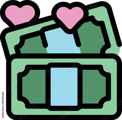 Green banknotes with pink hearts symbolizing love of money, donation, alimony, or gambling addiction