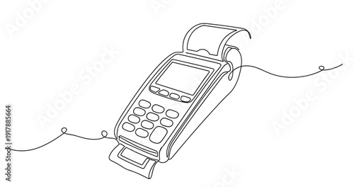 Continuous line drawing of a payment terminal with receipt roll. None editable stroke