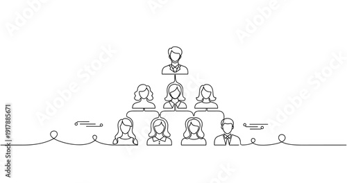 Line art hierarchical team structure with male and female leaders. None editable stroke
