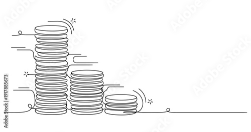 Continuous line art of stacked coins depicting financial growth and stability. None editable stroke