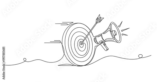 Arrow hitting bullseye with megaphone: concept of targeted marketing. None editable stroke