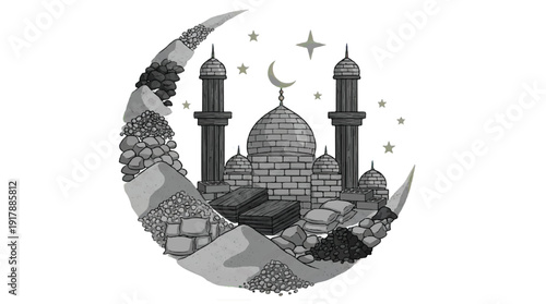 A mosque on a crescent moon with stars and stones