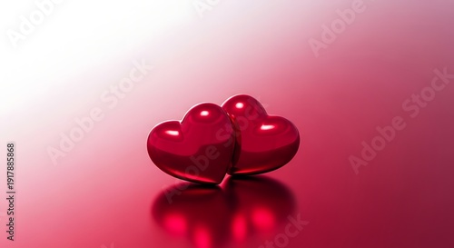 Two shiny red hearts on reflective surface valentine's day symbol love and affection concept romantic gesture heart shape red color close up view heart reflection love theme