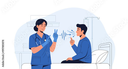 Doctor and patient in hospital, medical checkup with respiratory monitoring illustration