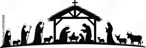 Nativity scene silhouettes showing birth of Jesus Christ, Mary Joseph shepherds and animals, Christmas religious black vector illustration isolated on white background