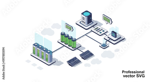 Isometric illustration of cloud computing and data storage infrastructure.