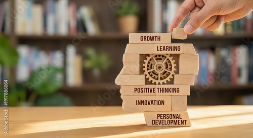 Hand placing wooden blocks with business development concepts including growth, learning, positive thinking, innovation and personal development with gear symbol.