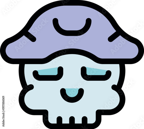 Cartoon skull wearing a purple tricorn hat, evoking a sense of playful piracy and adventure