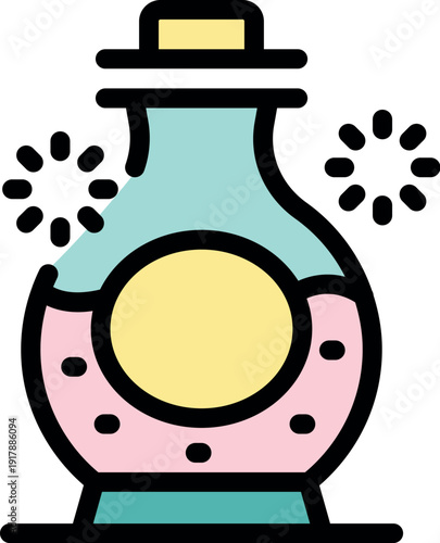 Pink magic potion brewing in a round glass bottle, with cork lid and sparkling colorful effects, isolated on white background