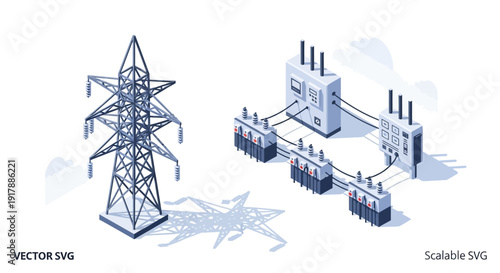 Electricity power transmission tower and substation infrastructure.