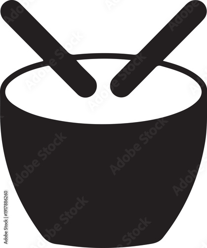 Drum with Sticks Icon Black Symbol, Simple black drum with crossed drumsticks icon isolated on white background, representing music, percussion instrument, rhythm, and band symbol.