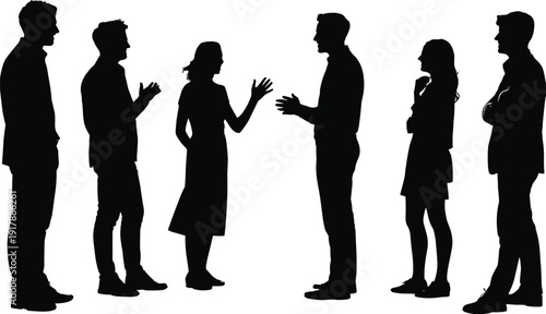 People silhouettes talking and discussion scene, male female communication gestures, teamwork social interaction concept, black vector illustration isolated on white background