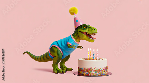 Cute dinosaur celebrating birthday with cake and candles on pink background
