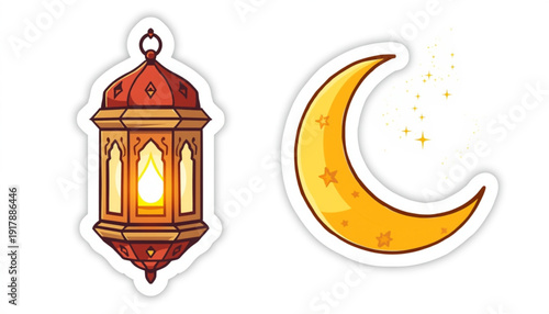 Ramadan Sticker Set with Golden Lantern and Crescent Moon Illustration