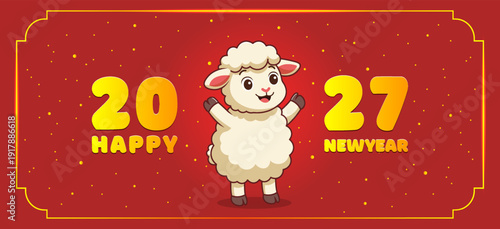 Vector holiday greeting card, flyer or banner. Happy New Year 2027. Cartoon cute fluffy beautiful soft cuddly little sheep. Golden glowing frame, snow and red background. Symbol of chinese horoscope