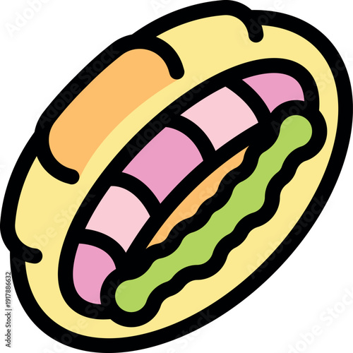 Vibrant cartoon hot dog with mustard and relish in a bun