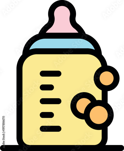 Baby bottle with pink nipple and measurement lines, decorated with bubbles