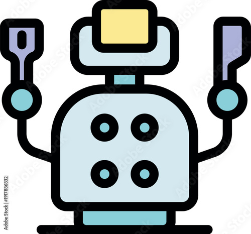 Cartoon kitchen robot holding fork and knife, preparing to cook or serve a meal, innovative technology for food preparation