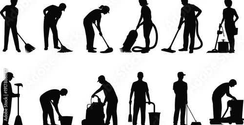 Cleaning staff silhouettes set, professional janitors using vacuum mop broom and bucket, housekeeping service vector illustration for commercial hygiene and maintenance design