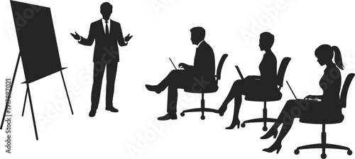 Businessman presenting to three colleagues with laptops presentation office