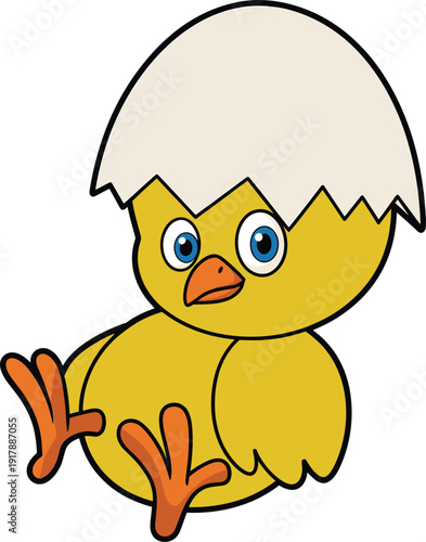 Cute cartoon yellow chick hatching from eggshell isolated on white background, funny baby chicken character illustration for Easter and kids design