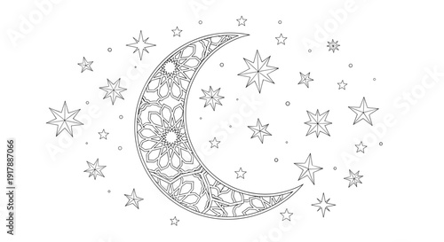 Crescent Moon Surrounded by Stars Illustration.
