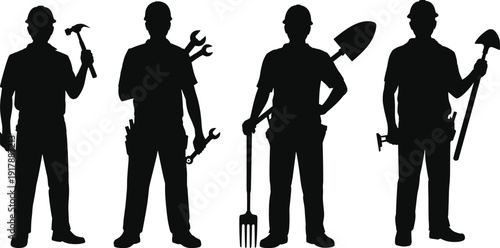 Construction and labor worker silhouettes holding tools set, professional workforce vector illustration for building, repair, agriculture, maintenance, industrial job concepts