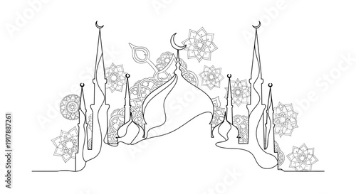 Mosque Architecture with Minarets and Crescent.