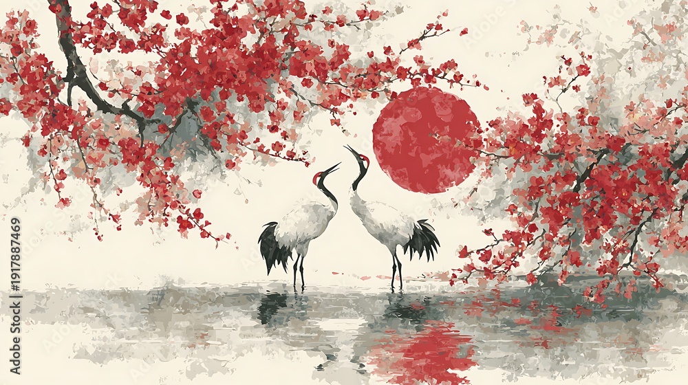 Obraz premium Two red-crowned cranes facing each other under blooming red cherry blossoms and sun reflection on water, traditional Japanese art