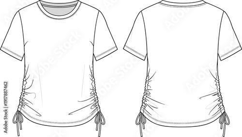 Technical, flat, sketch, of, women, short, sleeve, crewneck, tshirt, with, side, shirring, vector, illustration, front, back, view, apparel, flavector.