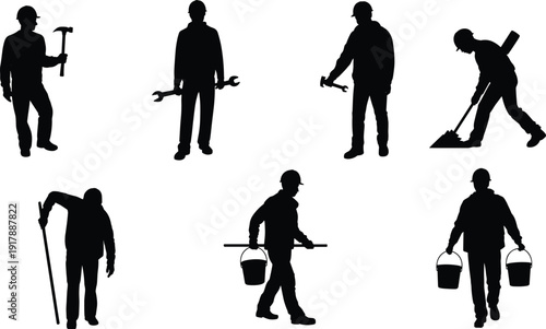 Construction worker silhouettes collection, laborers holding tools and buckets, manual work poses vector illustration for building, repair, maintenance and industrial design