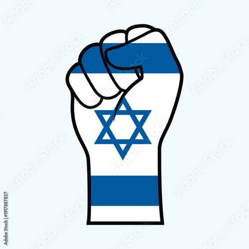 Clenched fist in Israel Flag colors vector illustration. Israel hand raised fist icon isolated on a gray background. Israel flag fist protest symbol. Template for background, banner, card, poster