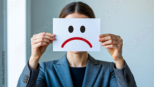 Businesswoman holding sad face paper representing dissatisfaction and negative feedback
