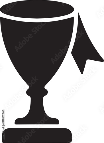 Black Trophy Cup Icon with Ribbon Isolated, Simple black trophy cup silhouette with ribbon, representing victory, achievement and success in business or sports competitions, award ceremonies and lead
