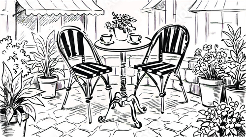 black and white drawing of a patio with table and chairs and potted plants